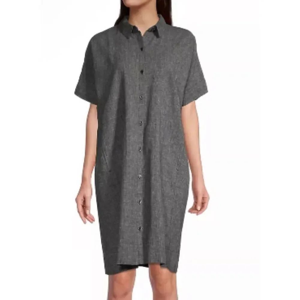 Eileen Fisher Classic Collar Hemp Blend Versatile Button Up Shirt Black Dress M